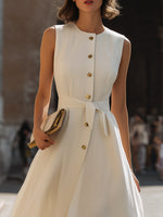 Sleeveless Button-Front Wrap-Style Midi Dress With Tie Waist