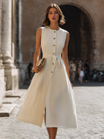 Sleeveless Button-Front Wrap-Style Midi Dress With Tie Waist