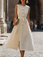 Sleeveless Button-Front Wrap-Style Midi Dress With Tie Waist