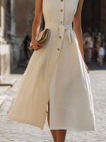 Sleeveless Button-Front Wrap-Style Midi Dress With Tie Waist