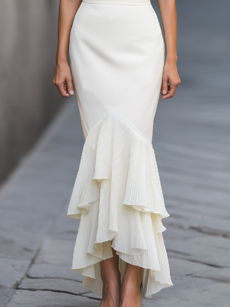 Structured Waist Pleated Ruffle Hem Maxi Dress