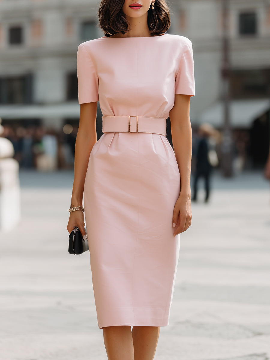 Structured Waist Belted Sheath Midi Dress