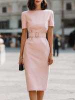Structured Waist Belted Sheath Midi Dress