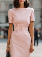 Structured Waist Belted Sheath Midi Dress