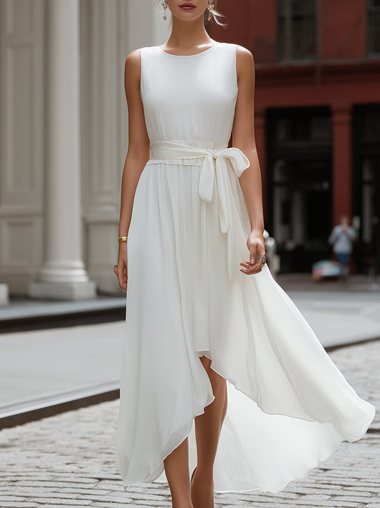 Sleeveless Round Neck Tie-Waist Asymmetric Hem Flowing Midi Dress