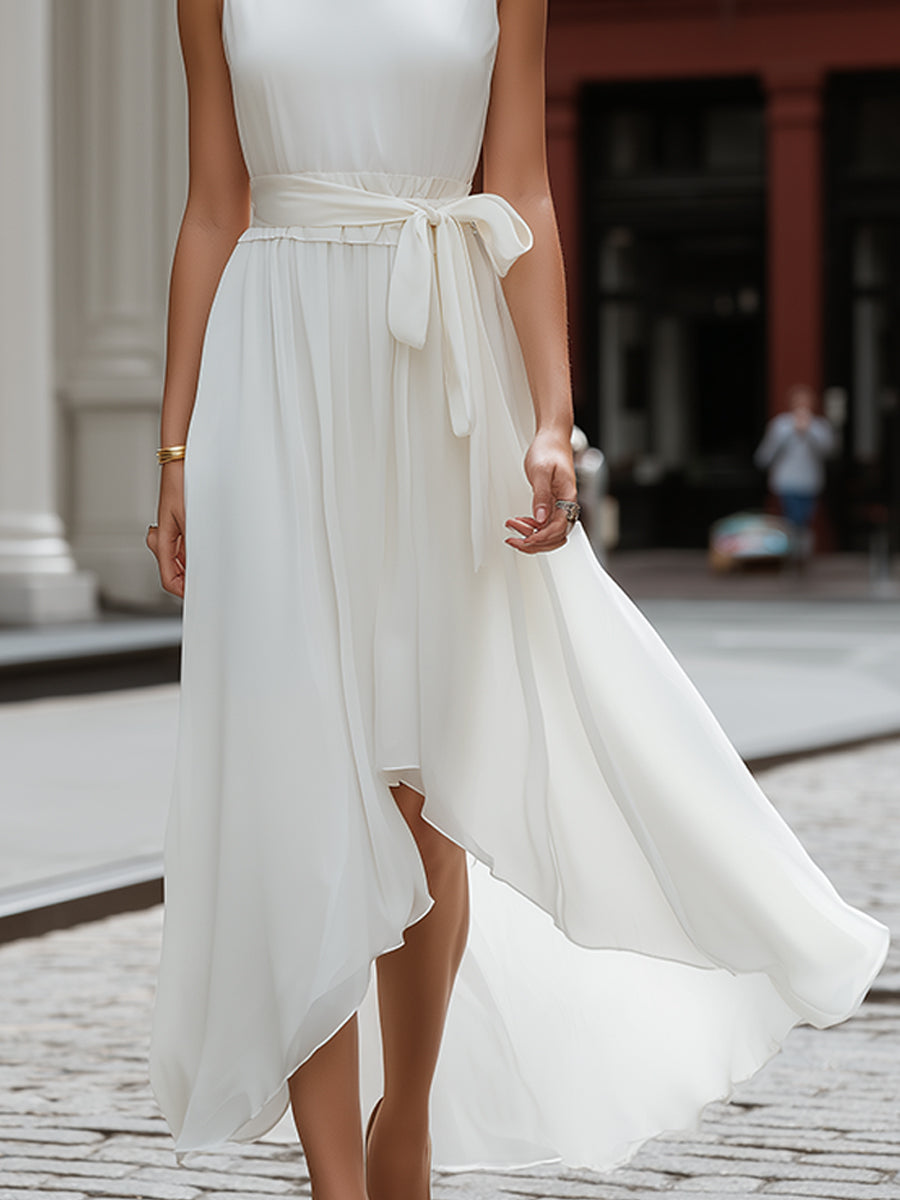 Sleeveless Round Neck Tie-Waist Asymmetric Hem Flowing Midi Dress