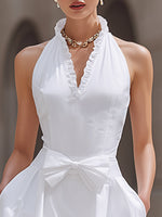 Halter Ruffle Neck Bow Waist Sleeveless A-Line Maxi Dress