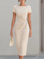 Boat Neck Short-Sleeve Twisted Waist Sheath Midi Dress