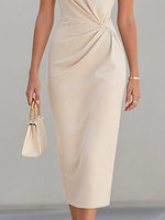 Boat Neck Short-Sleeve Twisted Waist Sheath Midi Dress