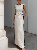 Sleeveless Contrast Trim Belted Linen Blend Maxi Dress