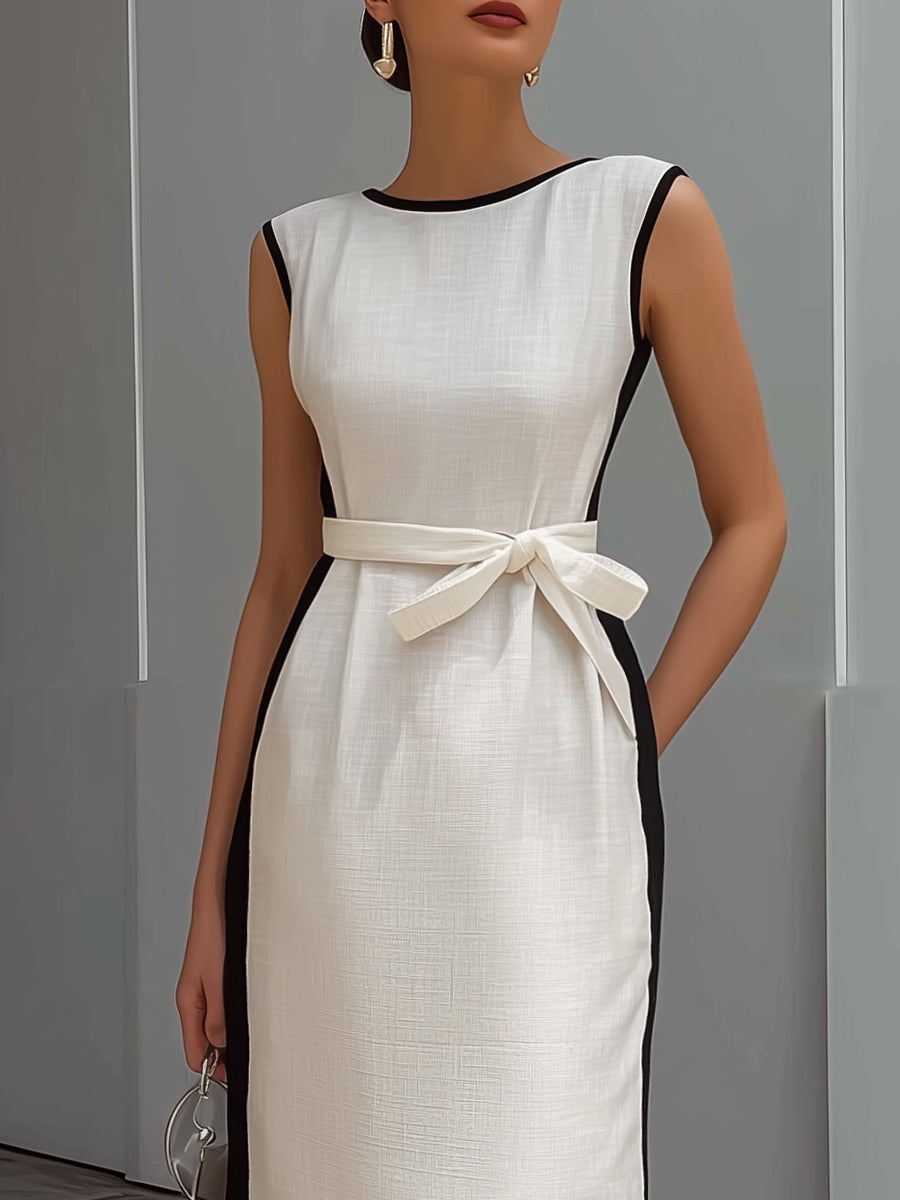 Sleeveless Contrast Trim Belted Linen Blend Maxi Dress
