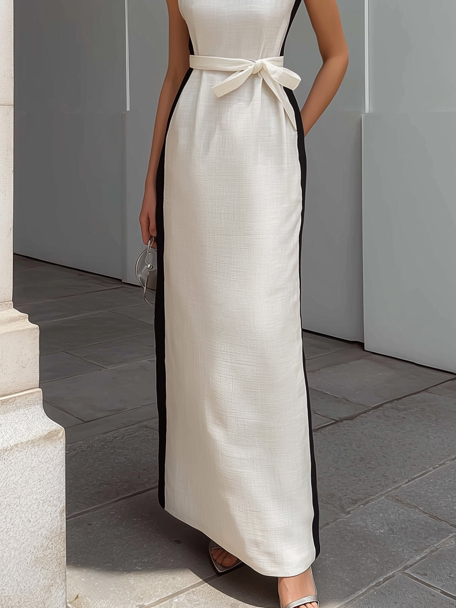 Sleeveless Contrast Trim Belted Linen Blend Maxi Dress