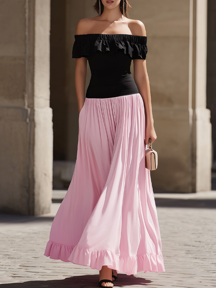 Black Off-the-Shoulder Ruffled Bodice Pink Flowy Skirt Two-Tone Maxi Dress
