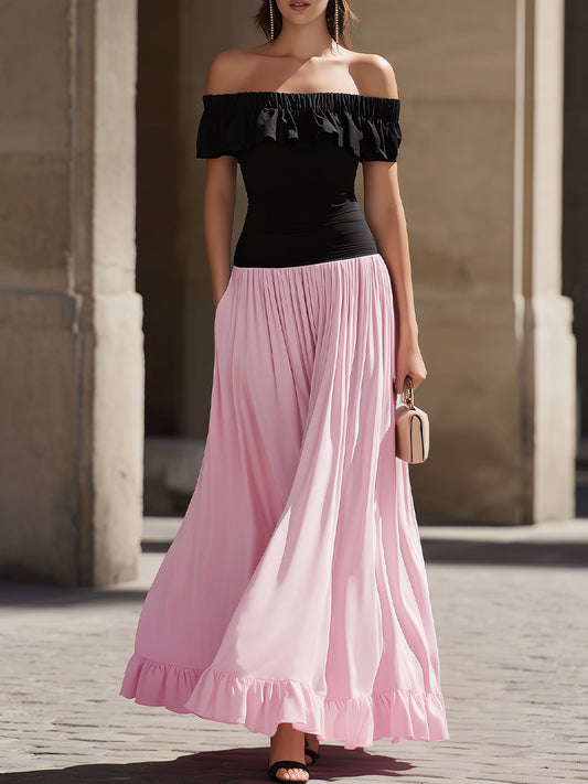 Black Off-the-Shoulder Ruffled Bodice Pink Flowy Skirt Two-Tone Maxi Dress