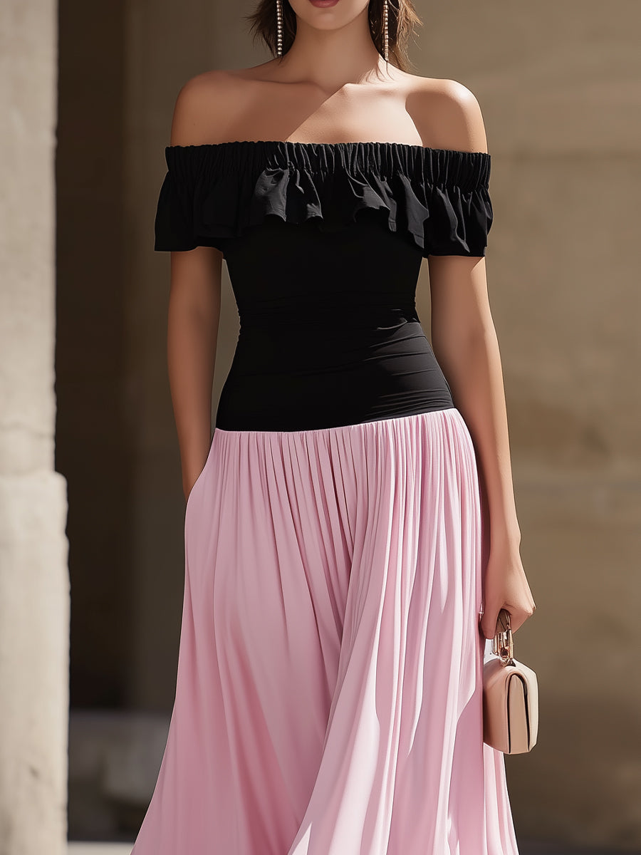 Black Off-the-Shoulder Ruffled Bodice Pink Flowy Skirt Two-Tone Maxi Dress