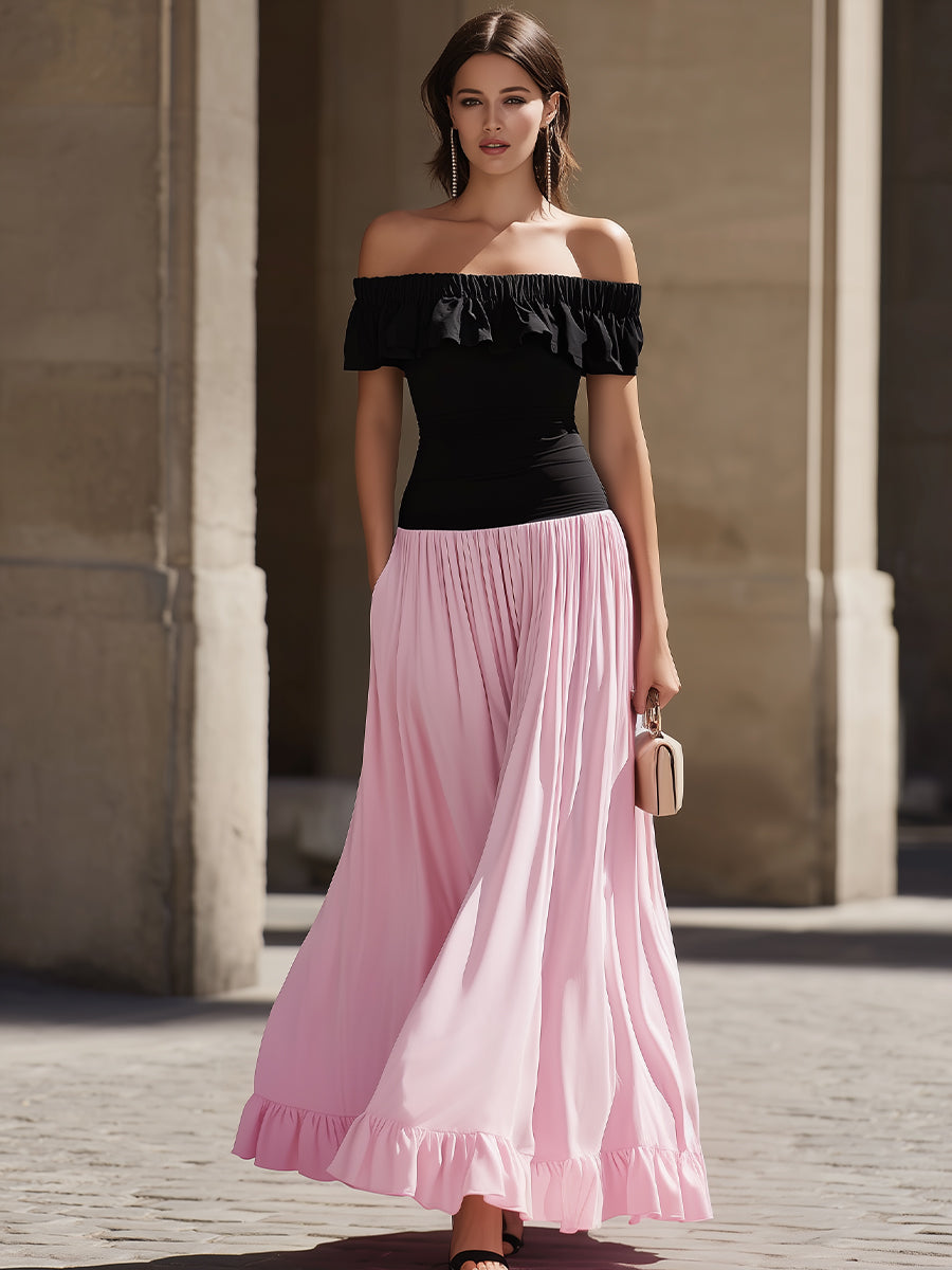 Black Off-the-Shoulder Ruffled Bodice Pink Flowy Skirt Two-Tone Maxi Dress