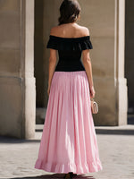 Black Off-the-Shoulder Ruffled Bodice Pink Flowy Skirt Two-Tone Maxi Dress