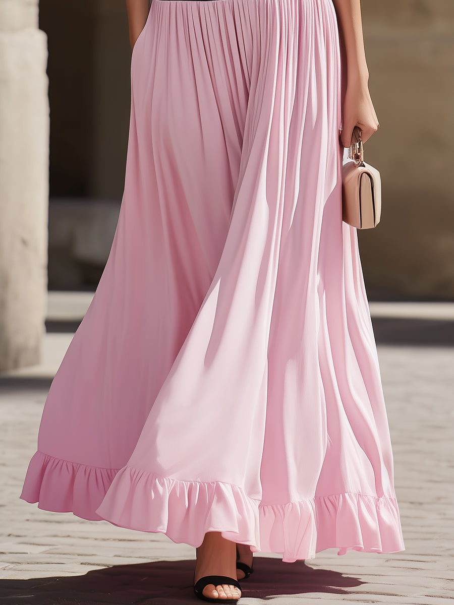 Black Off-the-Shoulder Ruffled Bodice Pink Flowy Skirt Two-Tone Maxi Dress