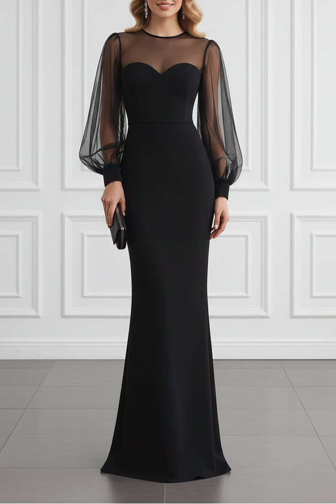Sheer Mesh Sleeve Mermaid Evening Dress