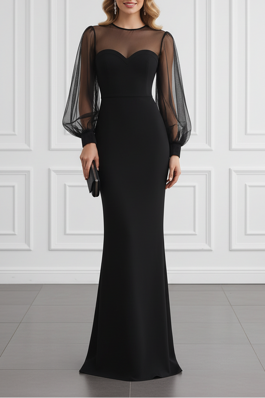 Sheer Mesh Sleeve Mermaid Evening Dress