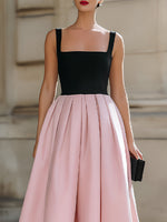 Black Pink Color-Block Square-Neck Pleated Midi Dress