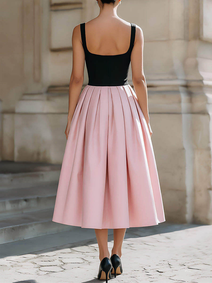 Black Pink Color-Block Square-Neck Pleated Midi Dress