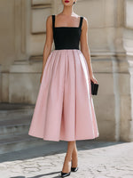 Black Pink Color-Block Square-Neck Pleated Midi Dress