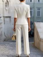 Stand Collar Short-Sleeve Tailored Jacket Wide-Leg Trousers Two-Piece Set