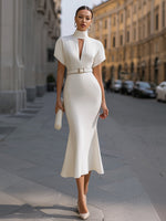 High Neck Cutout Belted Mermaid Maxi Dress With Sculpted Silhouette