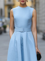Sleeveless Belted A-Line Tea-Length Wedding guest Dress