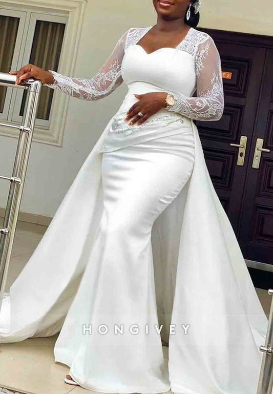 Sweetheart Detachable Floor-Length Lace Long Sleeves Mermaid Wedding Dresses