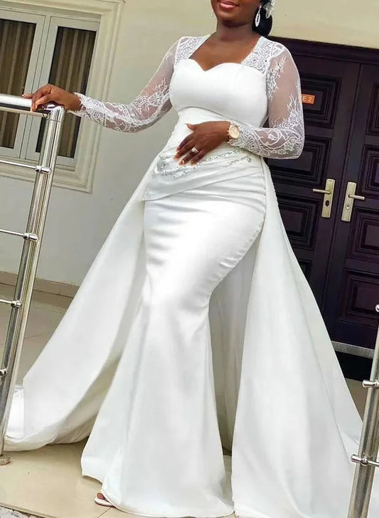 Sweetheart Lace Long Sleeves Satin Wedding Dresses