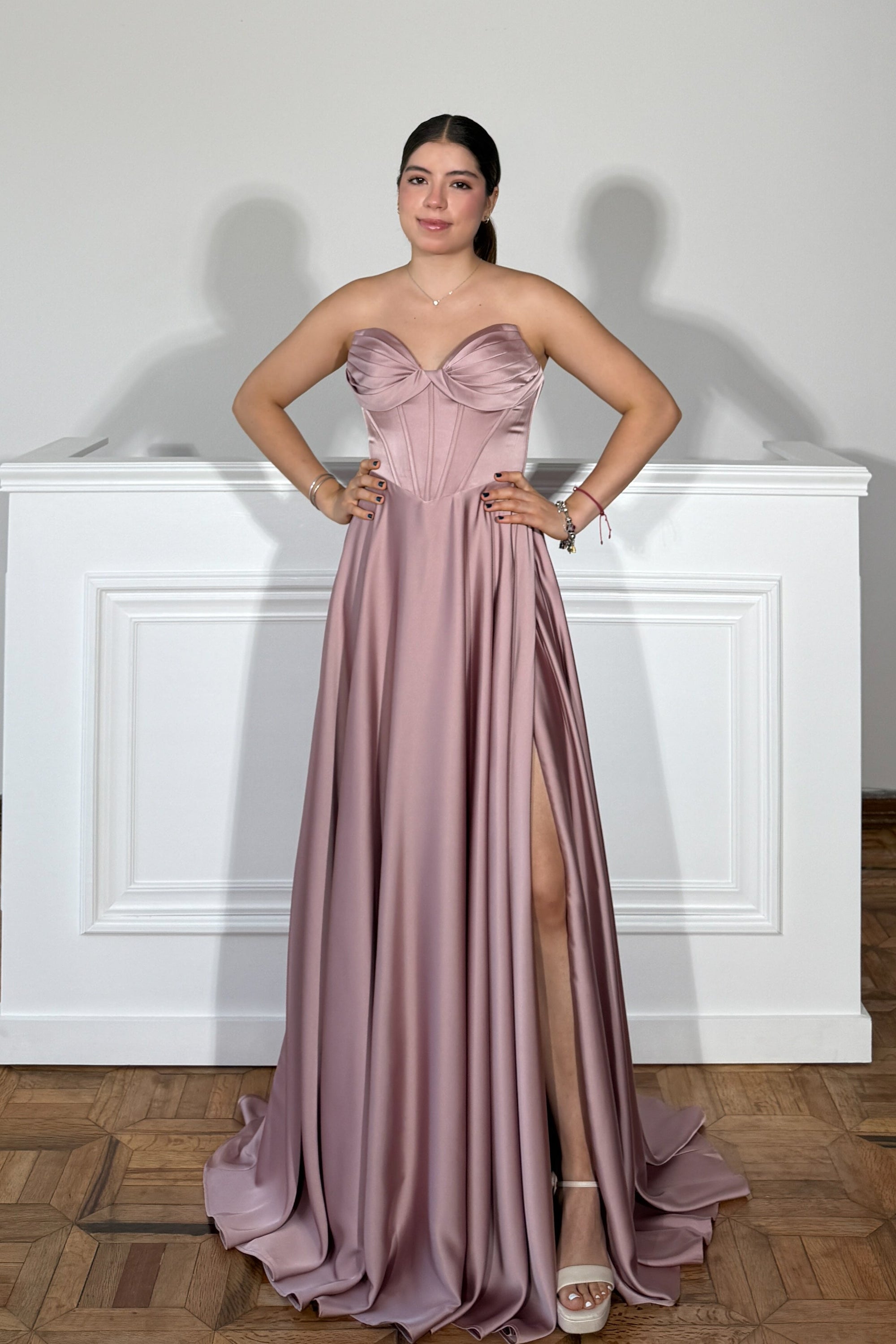 Strapless A-Line Sweetheart Satin Prom Dresses with High Slit