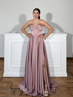Strapless A-Line Sweetheart Satin Prom Dresses with High Slit
