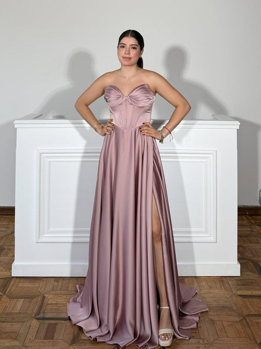 Strapless A-Line Sweetheart Satin Prom Dresses with High Slit