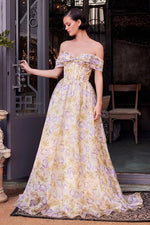 Flowers Floral Print Off the Shoulder Sleeveless A-Line Floor-Length Prom Dress