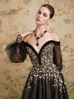 Sequins Sparkle Applique Off the Shoulder Long Sleeve Tulle A-Line Evening Dress