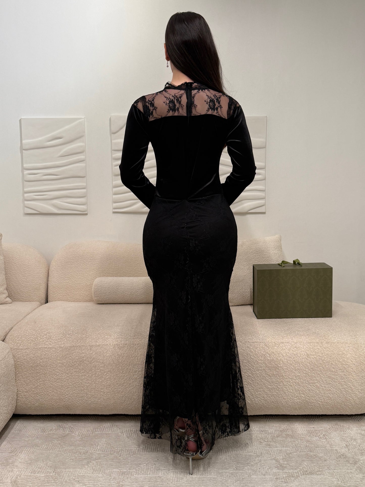 Lace O-Neck Black Long Sleeve Tulle Mermaid Ankle-Length Evening Dress