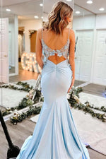 Light Blue 3D Floral Lace V-Neck Backless Trumpet Dress with Floral Appliqués