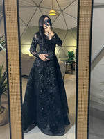 Black Square Neck Beaded Sequins Sparkle Long Sleeve A-Line Evening Dress