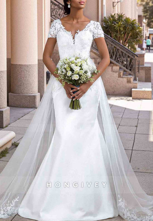 Short Sleeves Lace V-Neck Trumpet Tulle Pleated Sweep Train Wedding Dresses