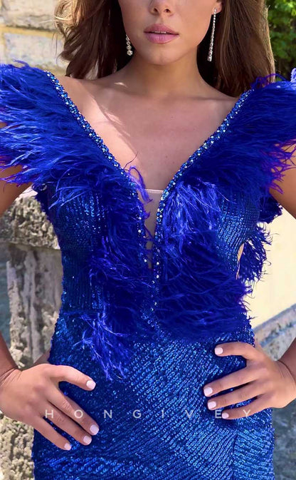 H1877 - Fitted V-Neck Feather Sequins Backless Short Prom/Homecoming Dress