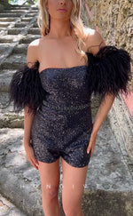 H1878 - Sexy Fitted Strapless Feather Short Party/Homecoming Sequins Jumpsuit