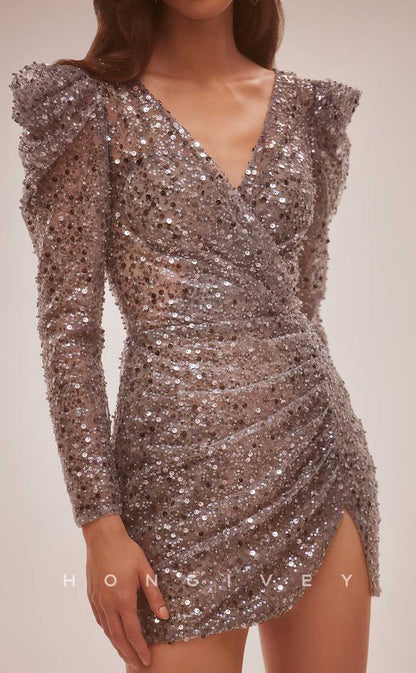 H1887 - Sexy Fitted V-Neck Backless With Side Slit Glitter Gown Short Party/Evening/Homecoming Dress
