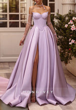 Lilac Satin High Slit Strapless Court Train Princess Evening Gowns with Pearls