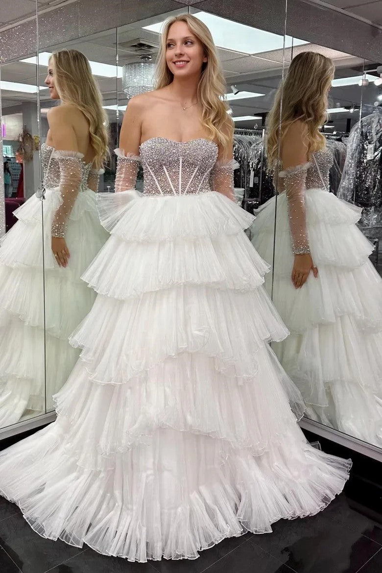 White Tiered Tulle Off-Shoulder Ball Gown with Beaded Bodice Prom Dress