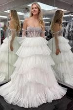 White Tiered Tulle Off-Shoulder Ball Gown with Beaded Bodice Prom Dress