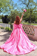 Princess A Line Spaghetti Straps Pink Long Prom Dress with Beading Bowknot