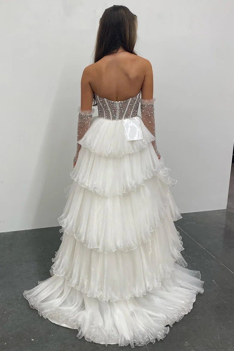 White Tiered Tulle Off-Shoulder Ball Gown with Beaded Bodice Prom Dress