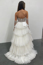 White Tiered Tulle Off-Shoulder Ball Gown with Beaded Bodice Prom Dress